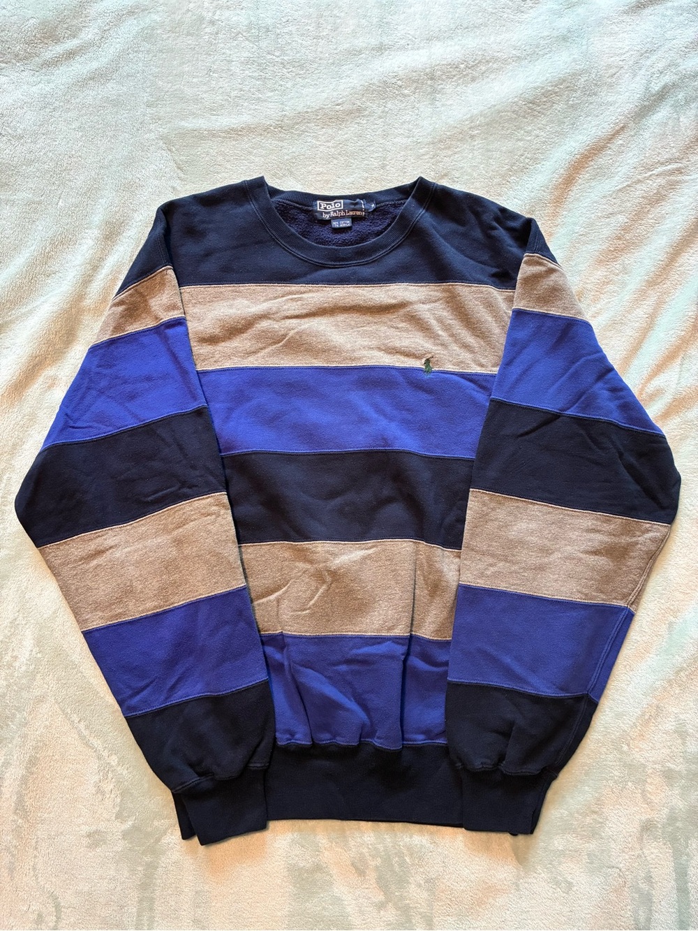 Polo by Ralph Lauren Navy, Royal Blue & Khaki Striped Crewneck Sweater